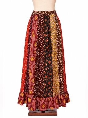 Bohemian Patchwork Maxi Skirt in Red and Yellow, blue ditsy floral- S
